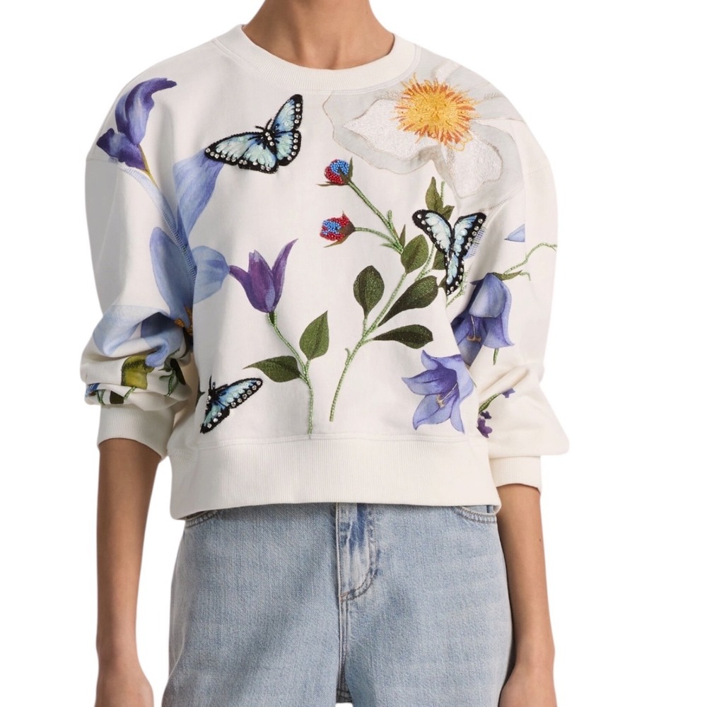 Alice + Olivia Russell Embellished Crewneck Sweatshirt Off White Size XS - Picture 3 of 15